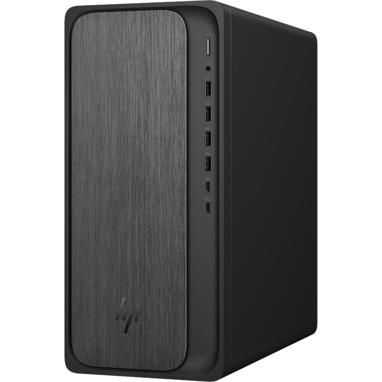 Een zwarte desktop computerkast. Het heeft een getextureerd voorpaneel met het HP-logo en diverse USB-poorten.