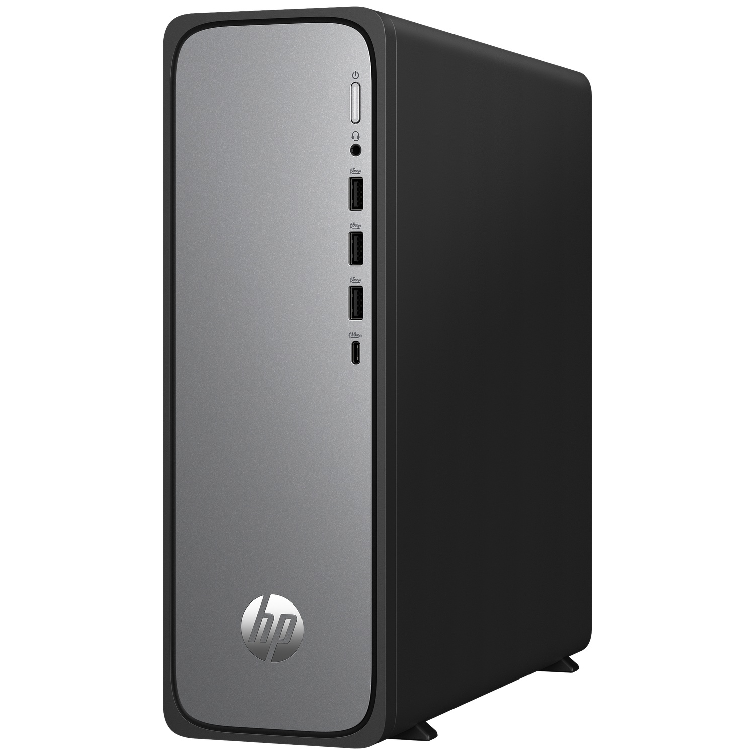 A black and gray HP desktop computer. It has a power button, USB ports, and the HP logo on the front.