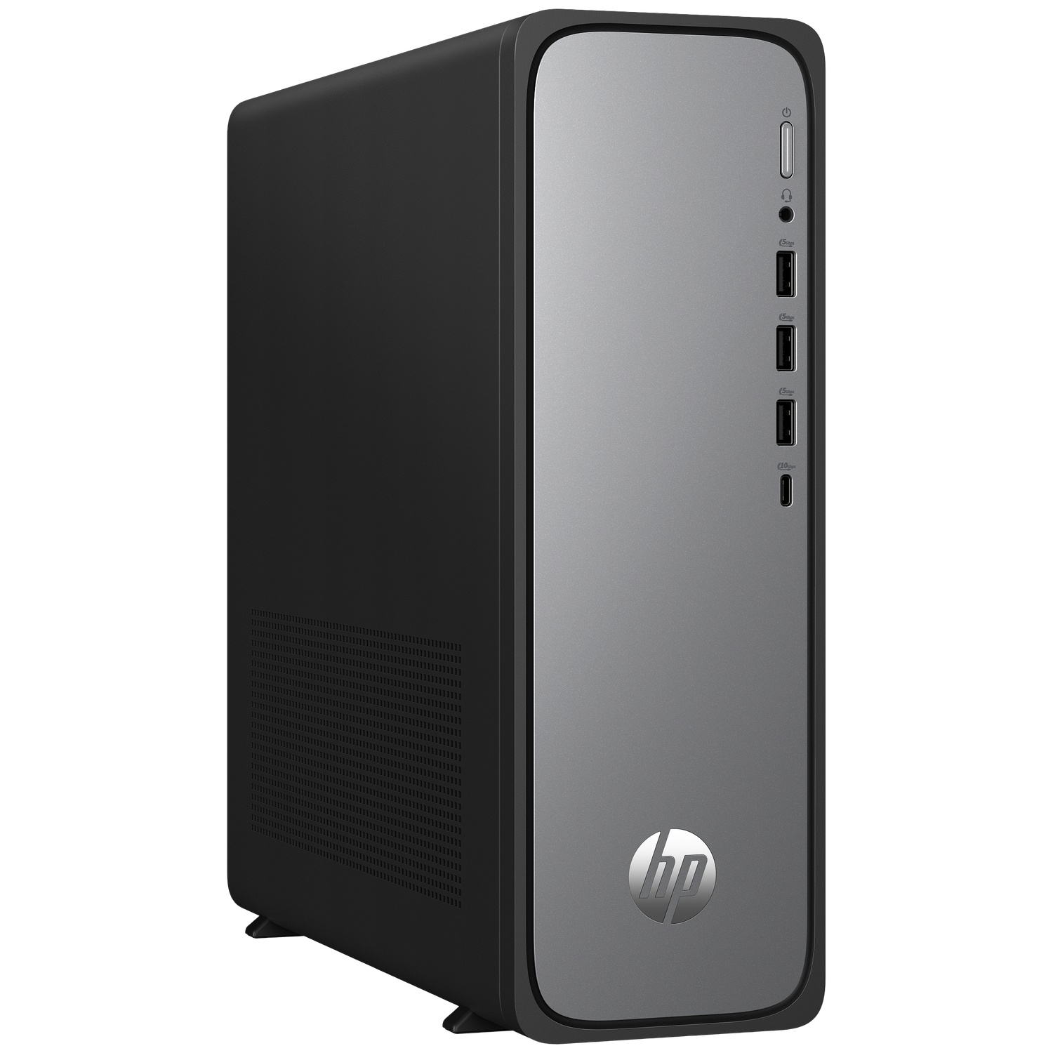 A black and gray HP desktop computer. It has several ports and the HP logo on the front panel.