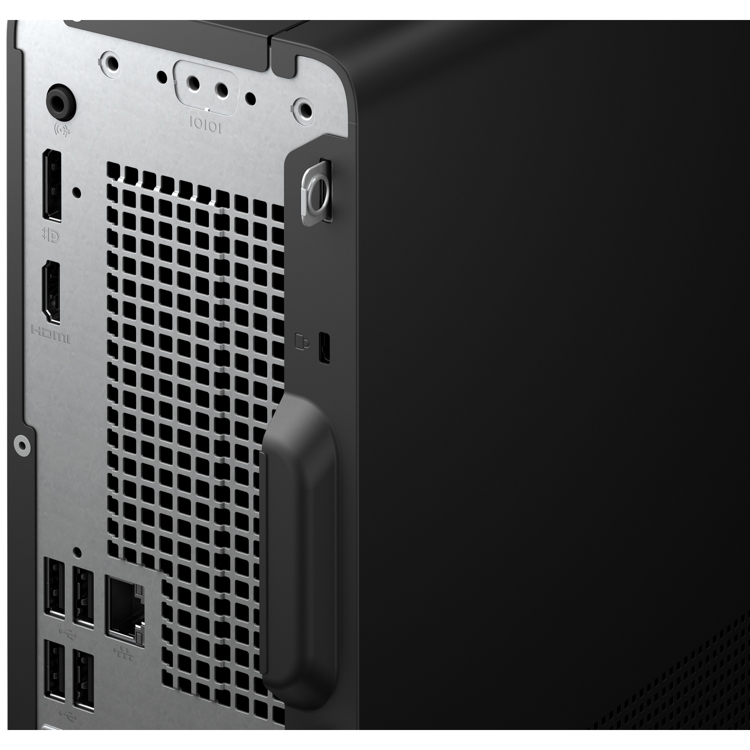 The back of a black desktop computer is shown. It has various ports, a vent, and a handle. The side is black and smooth.
