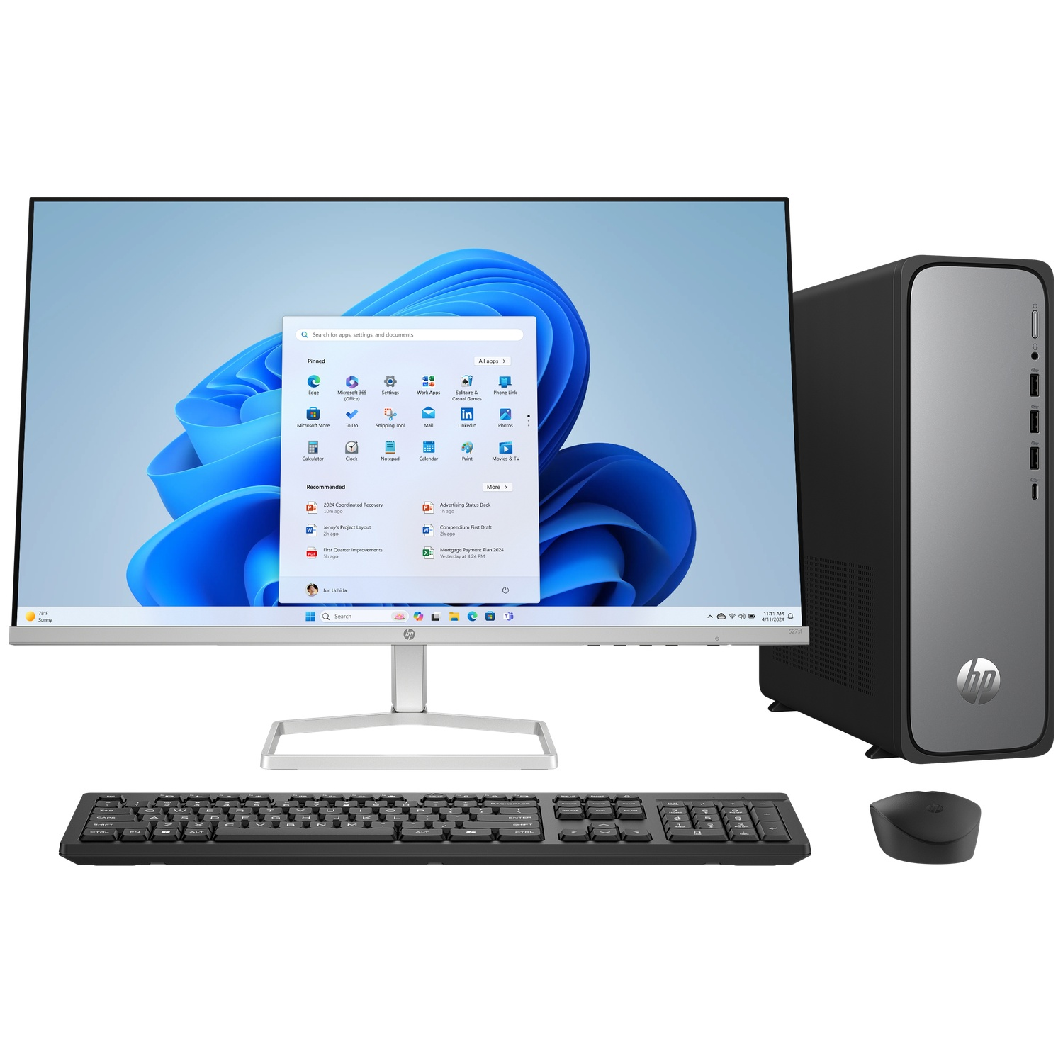 A computer setup with a monitor, keyboard, mouse, and desktop PC. The screen shows a Windows 11 interface.