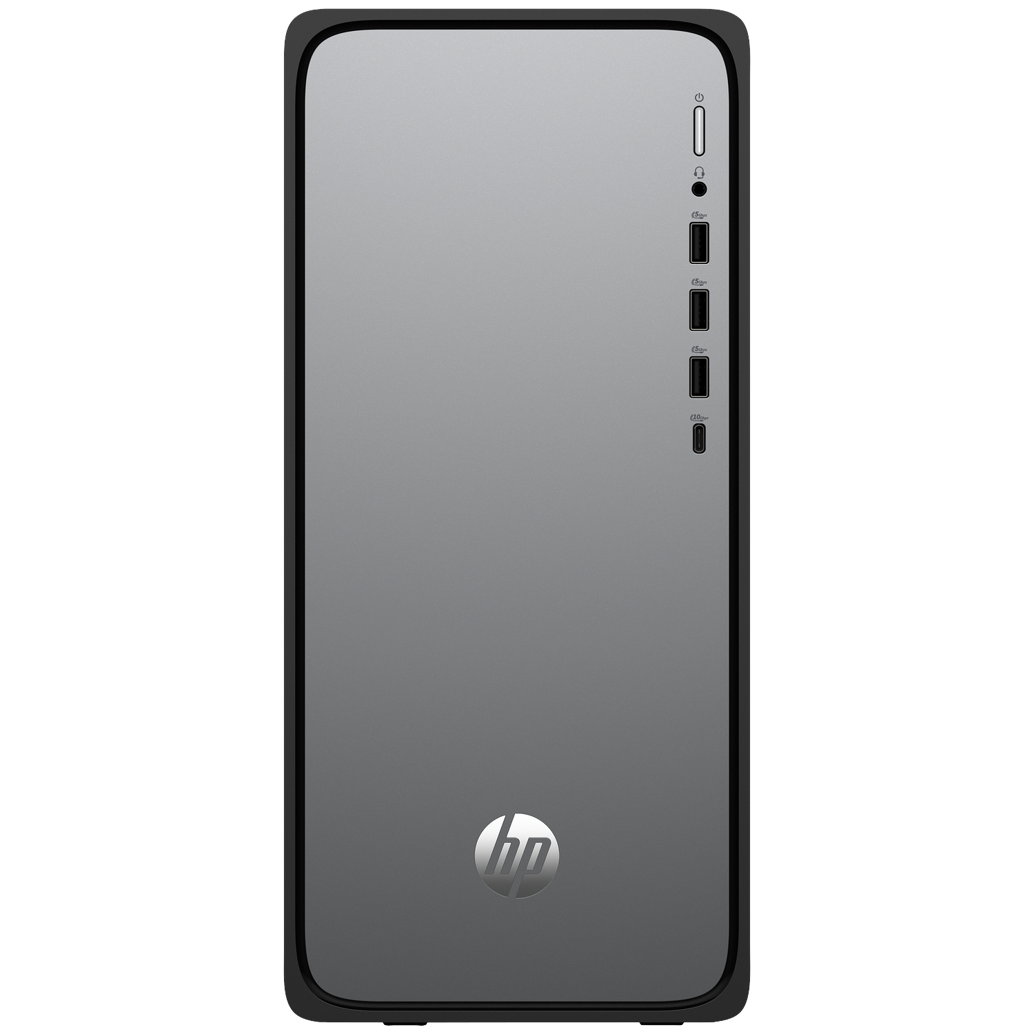 A gray HP desktop computer. It has a power button, USB ports, and a USB-C port. The HP logo is visible.