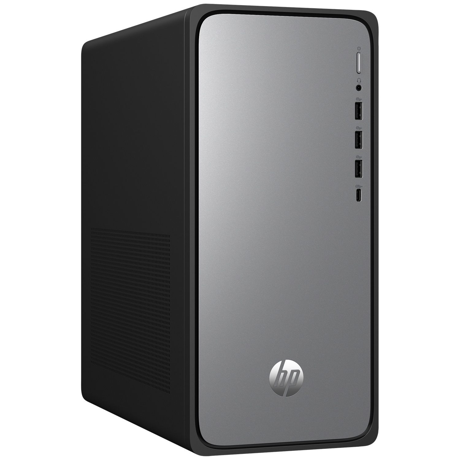 A black and gray HP desktop computer. It has a smooth front with USB ports, power button, and the HP logo.