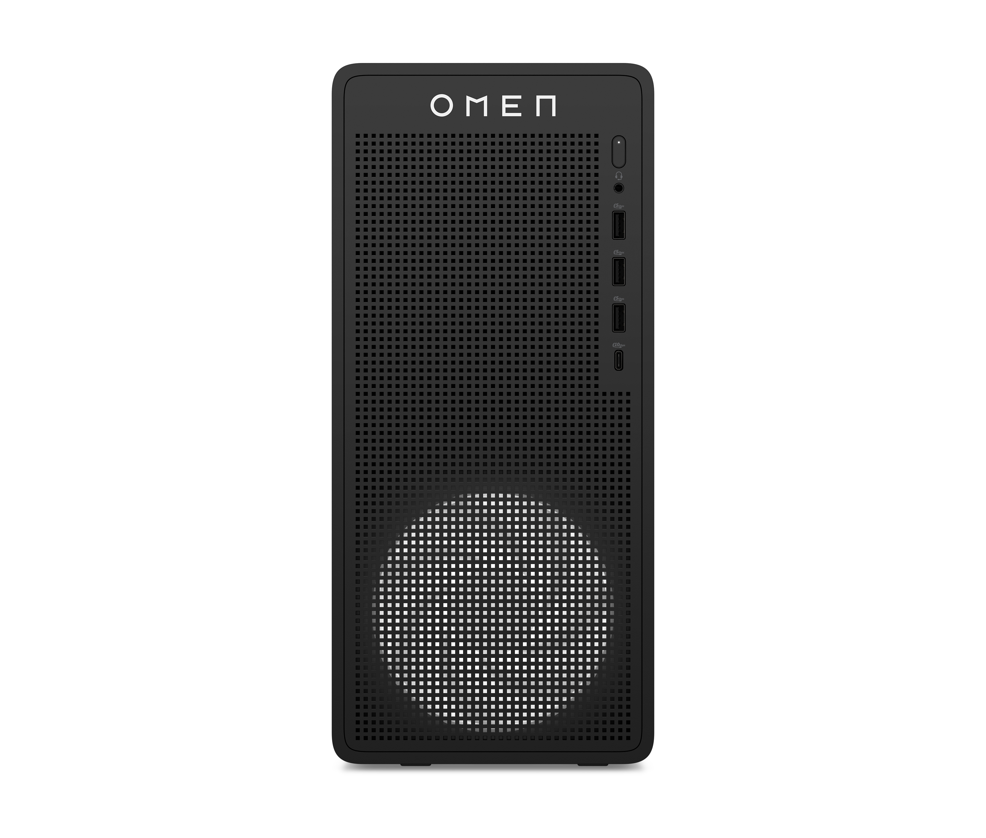 Schwarzes OMEN-PC-Gehäuse mit Lüftungslöchern, Anschlüssen und dem OMEN-Logo. Der Hintergrund ist schwarz.