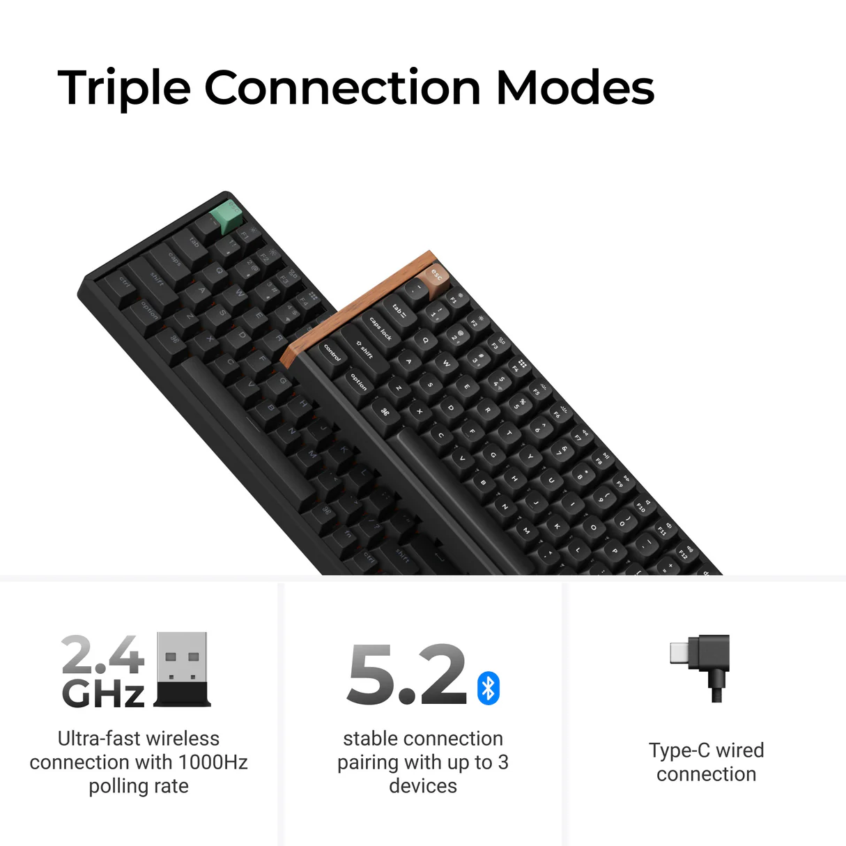 A képen két fekete billentyűzet látható fehér billentyűkkel. Részletek a vezeték nélküli, Bluetooth és vezetékes kapcsolatokról.