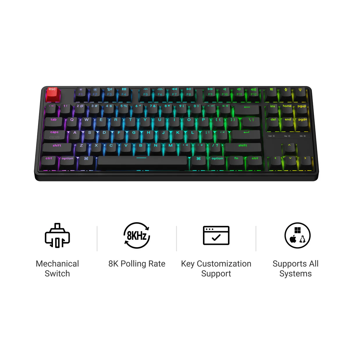 Fekete billentyűzet RGB háttérvilágítással. Jellemzők: mechanikus kapcsolók, 8K lekérdezési frekvencia, billentyűzet testreszabása.