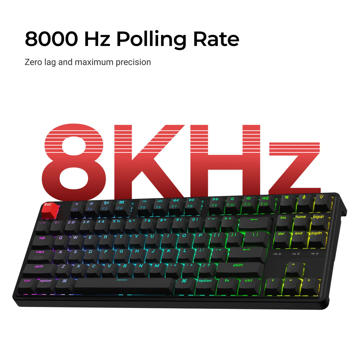 Fekete billentyűzet RGB gombokkal, piros '8KHz' szöveg, fehér háttér. Szöveg: '8000 Hz Polling Rate. Zero lag and maximum precision.'