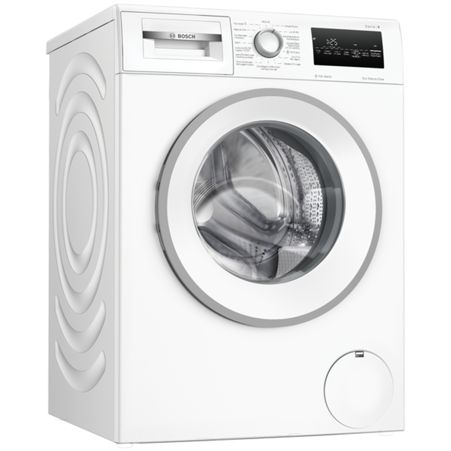 A white Bosch Serie 4 washing machine. It has a circular door, a control panel, and a detergent dispenser. The drum is visible.