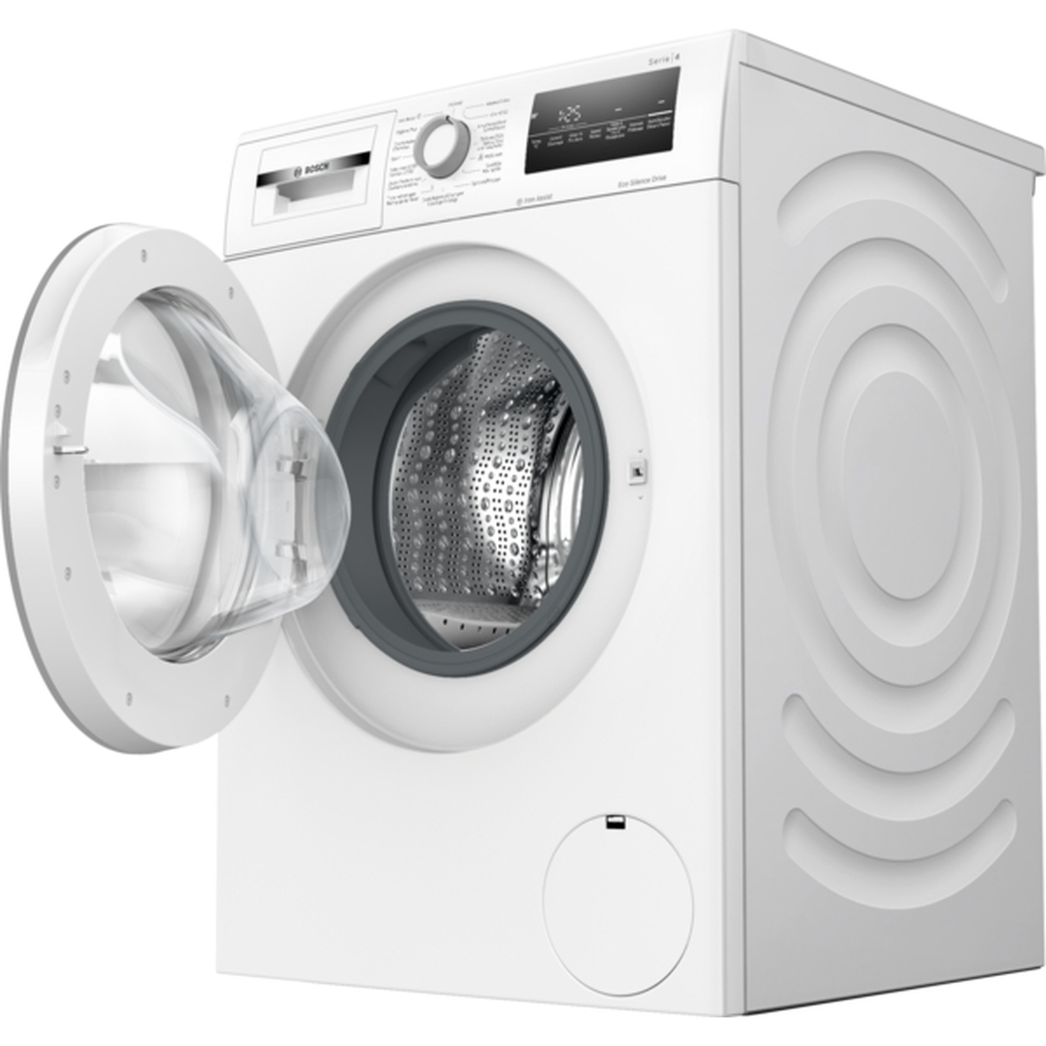 A white Bosch washing machine with the door open. The drum is visible. The machine has a digital display and control panel.