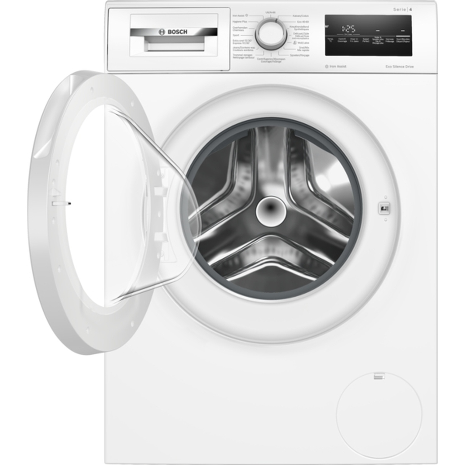 A white Bosch washing machine with an open door. Controls and a digital display are visible on the top panel.