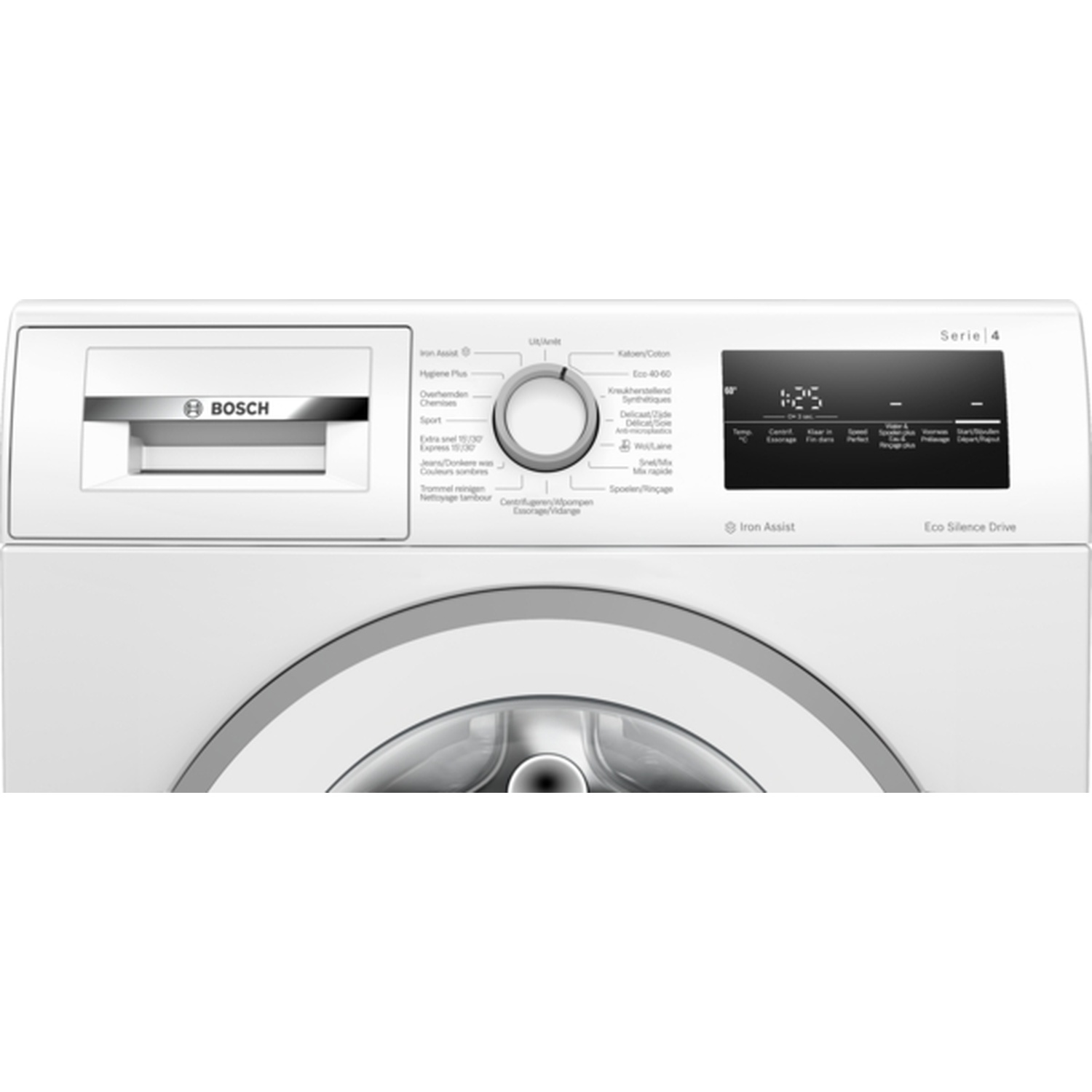 A white Bosch washing machine front. It has a control panel, a display, and a door.