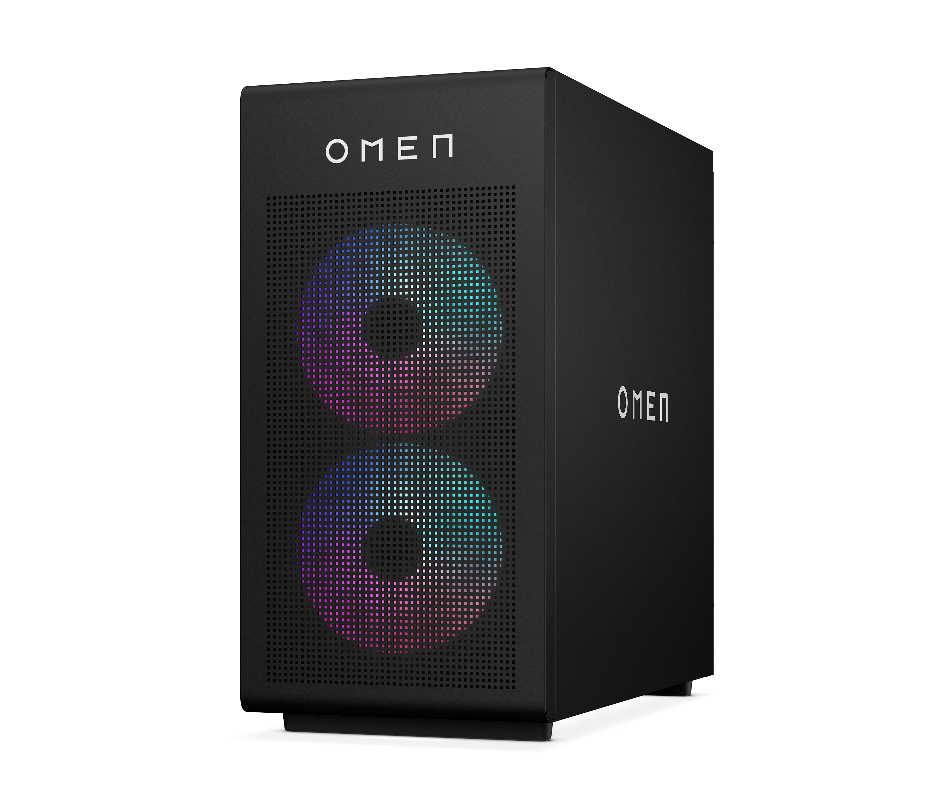 Schwarzer OMEN-Gaming-PC. Die Vorderseite hat zwei RGB-Lüfter. OMEN-Logo vorne und seitlich.