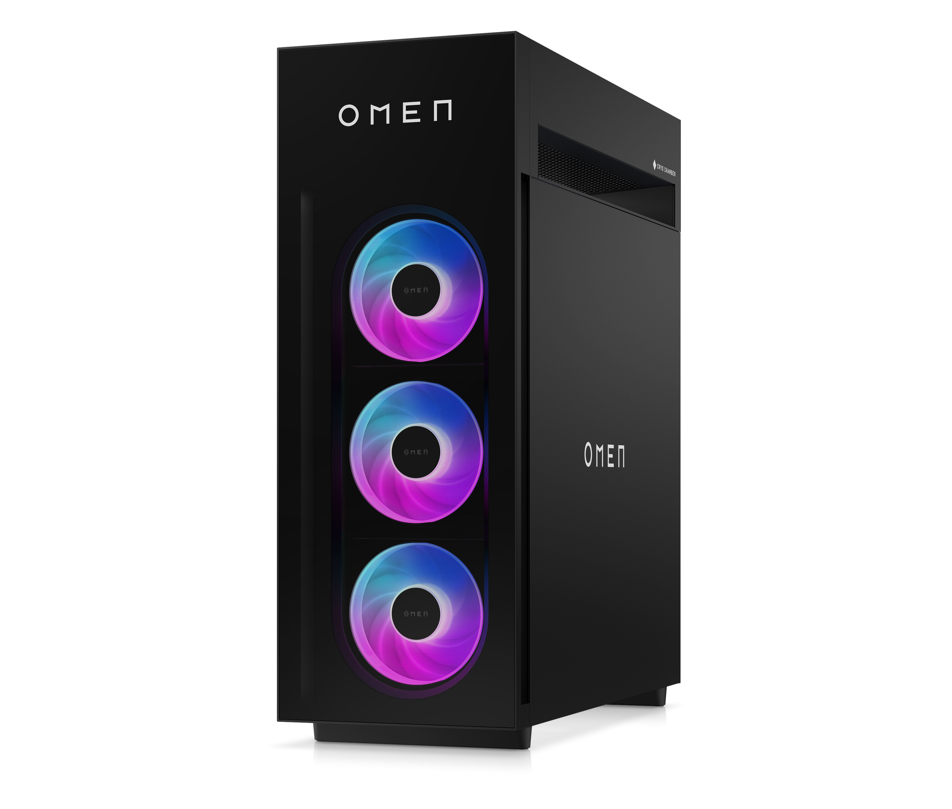 Schwarzes OMEN-PC-Gehäuse mit drei beleuchteten Lüftern. OMEN-Logo sichtbar. Die Lüfter haben rosa, blaue und violette Farbtöne.