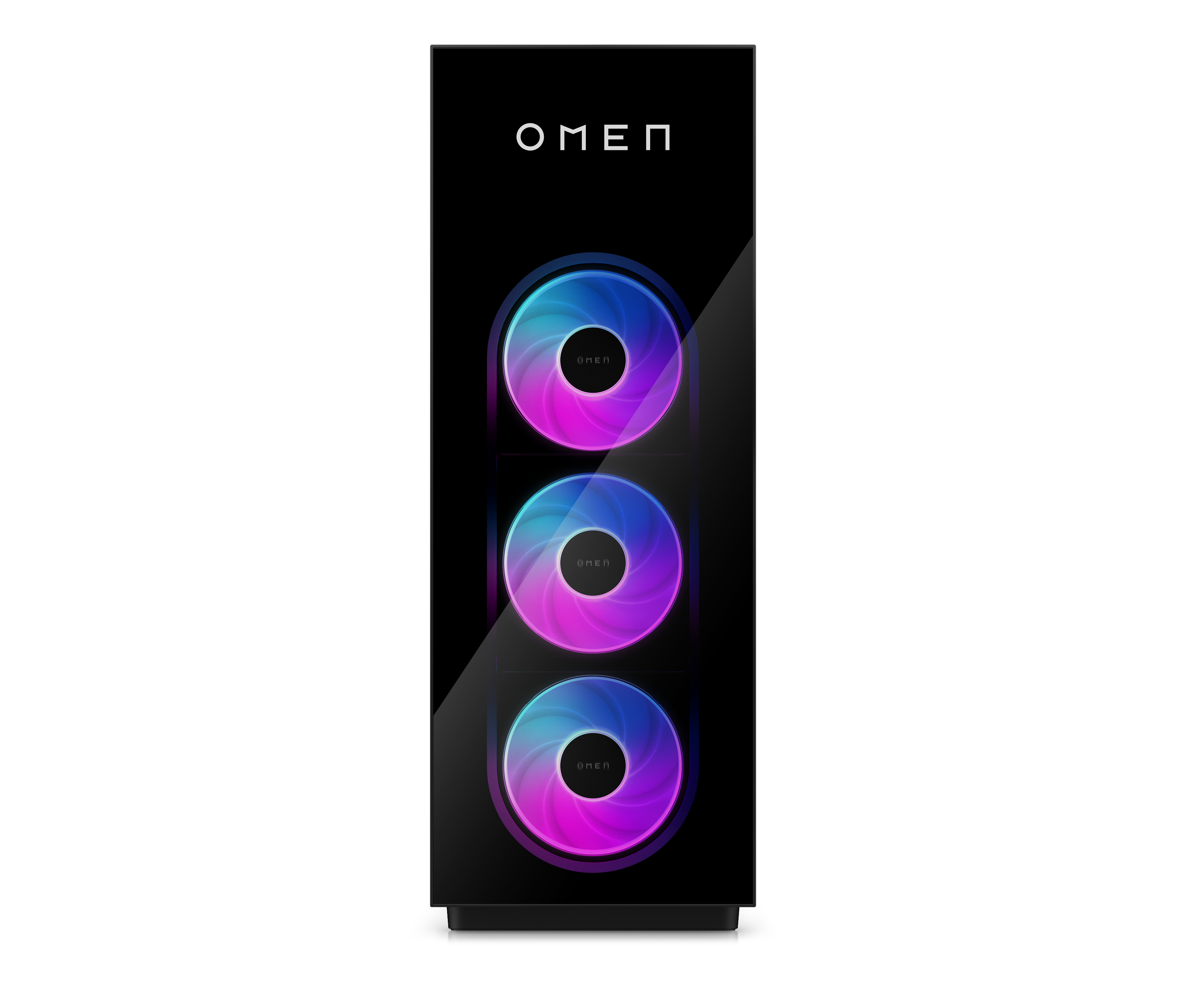 Schwarzes OMEN-PC-Gehäuse mit drei beleuchteten Lüftern, die blaue, lila und pinkfarbene Verläufe zeigen.