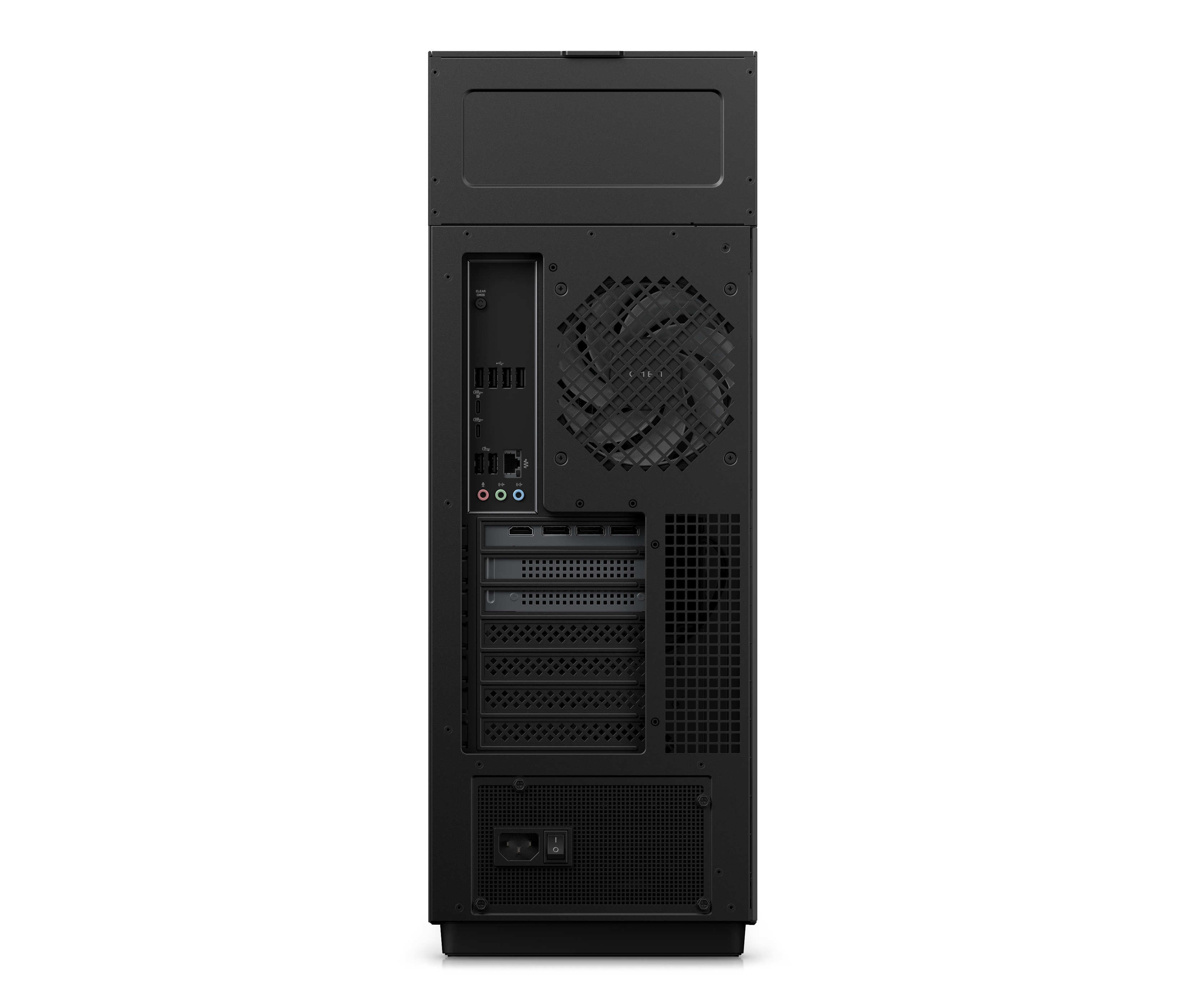 Rückseite eines schwarzen Computergehäuses. Enthält Lüfter, Anschlüsse und Netzteil. Hintergrund ist schwarz.