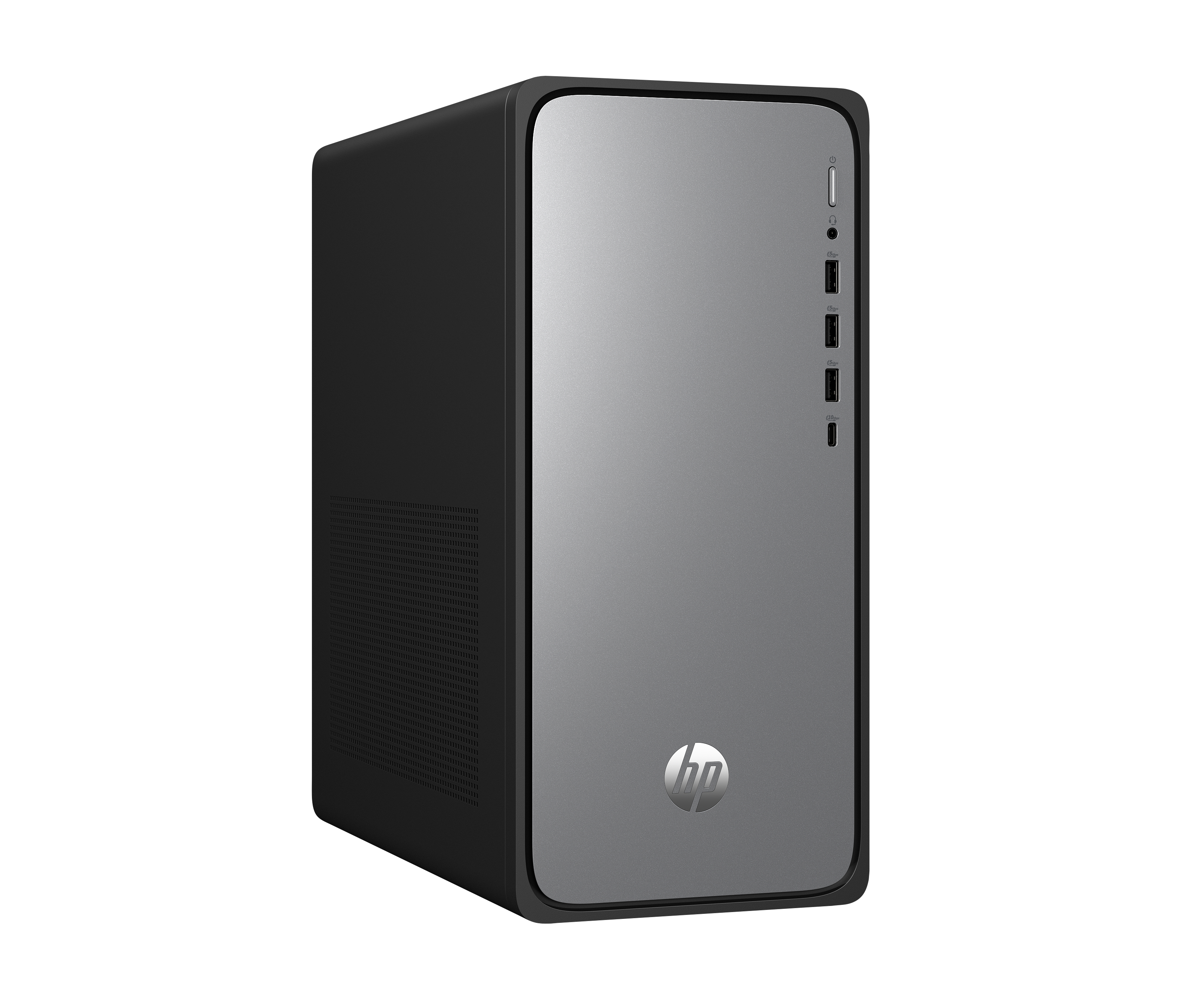 Ein silberner und schwarzer HP-Desktop-Computer. Die Front hat das HP-Logo, Anschlüsse und den Power-Knopf.