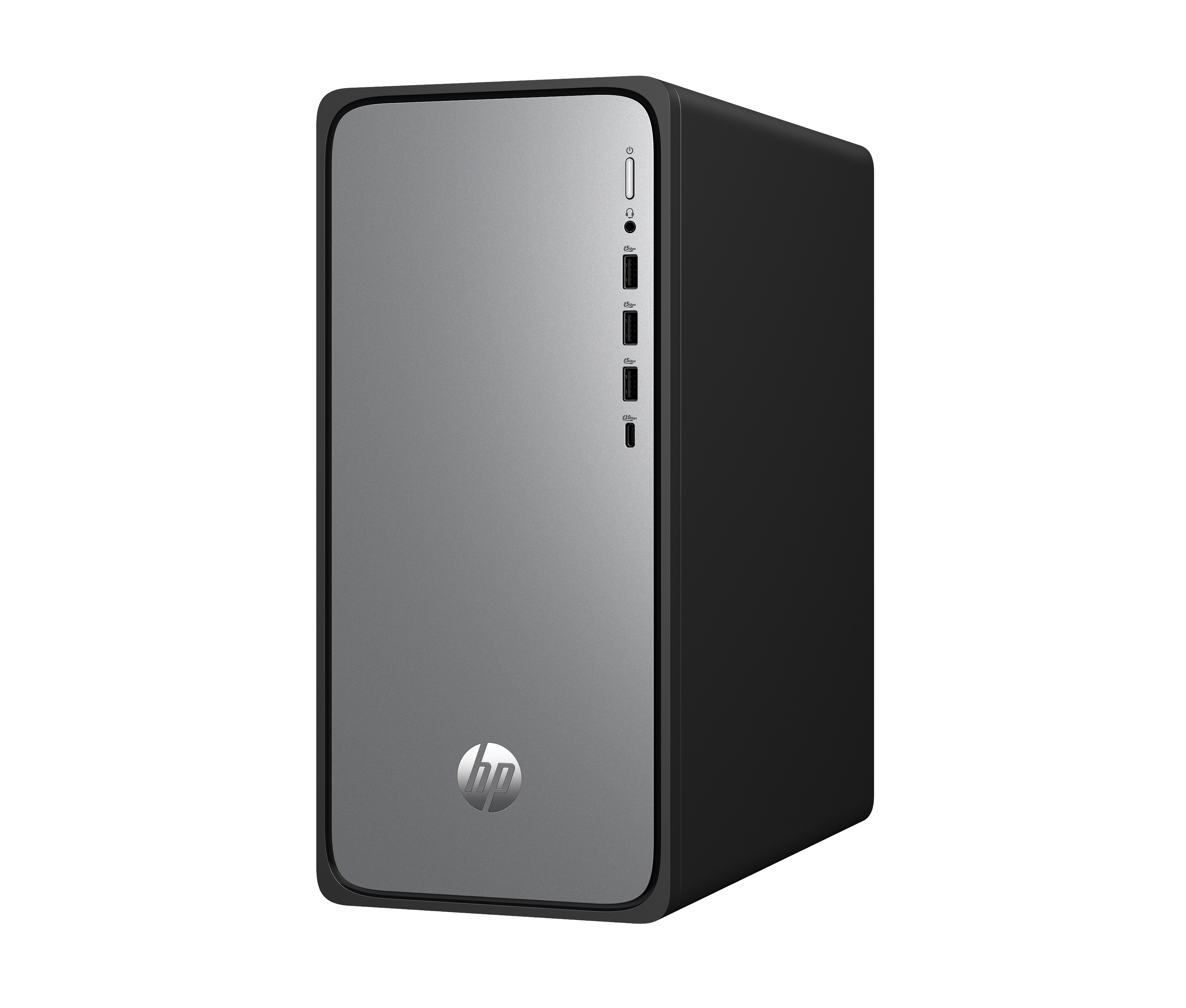 Ein silberner und schwarzer HP-Desktop-Computer. Die Front hat eine silberne Platte mit dem HP-Logo.