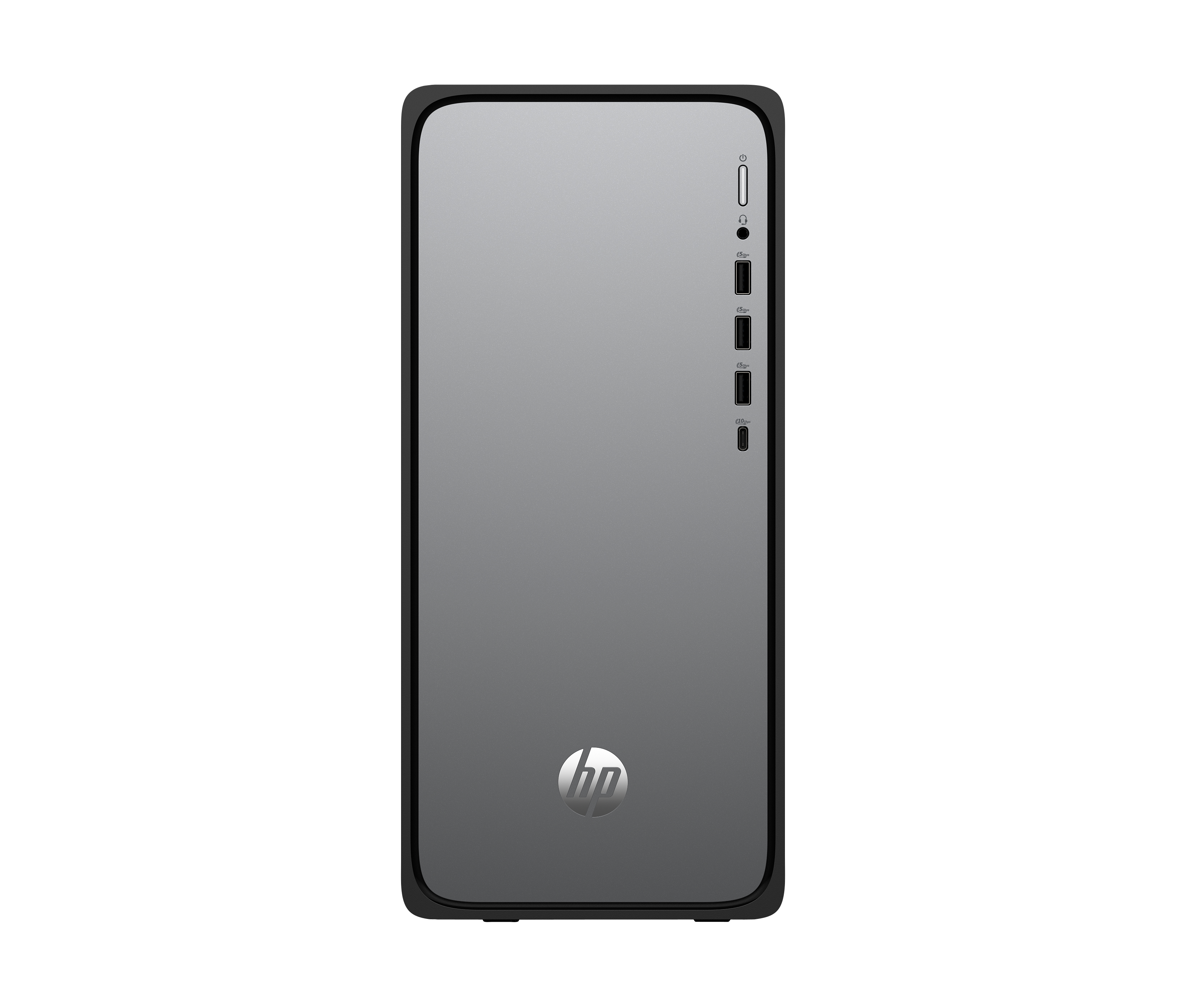 Ein grauer HP-Desktop-Computer auf schwarzem Hintergrund. Das HP-Logo ist sichtbar. Der Computer hat USB-Anschlüsse und einen Ein-Aus-Schalter.