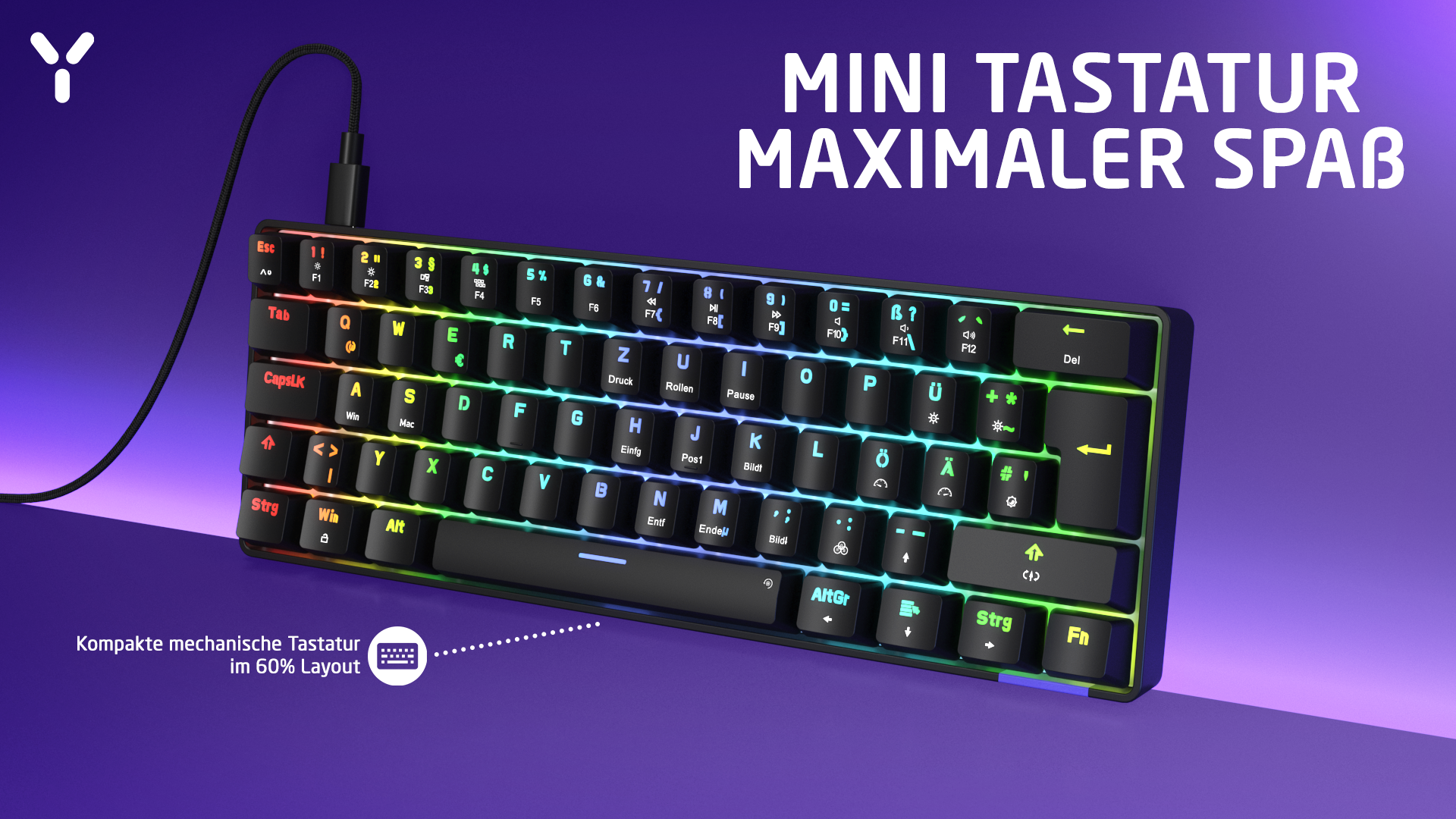Kompakte, schwarze mechanische Tastatur mit Regenbogenfarbenen Tasten. Text liest 'Mini Tastatur Maximaler Spaß'.