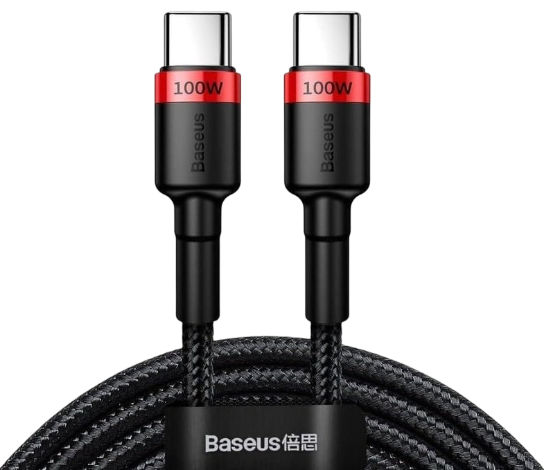 Siyah arka plan üzerinde, her biri gümüş konektör ve kırmızı 100W bölümüne sahip iki siyah Baseus USB-C kablosu.
