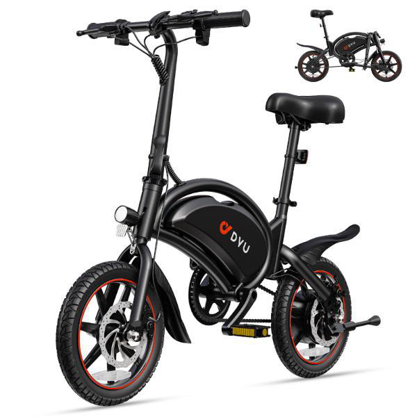 Schwarzes Elektrofahrrad mit roten Akzenten. Enthält ein kleineres Vorschaubild. Das Fahrrad hat einen Akku und das Markenlogo 'DVU'.