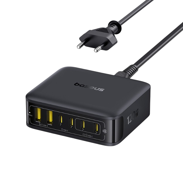 Çoklu USB portlu siyah bir Baseus 120W GAN şarj cihazı. Üstte siyah bir güç kablosu ve fiş bağlı. Arka plan siyahtır.