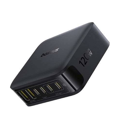 Çoklu USB-C ve USB-A bağlantı noktalarına sahip siyah bir Baseus 120W GaN şarj cihazı. Yuvarlak kenarlara sahip kare şeklinde. Çıkış gücü görünür.