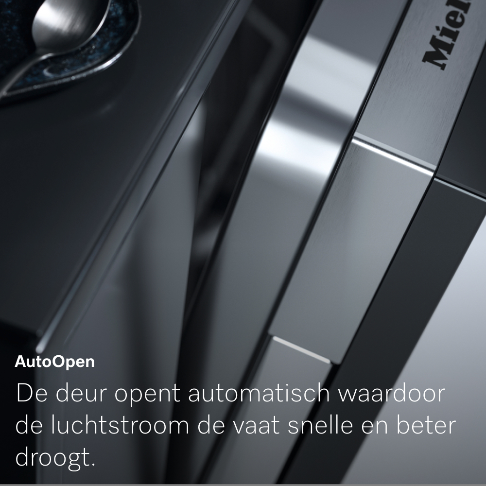 Close-up of a Miele appliance. Metallic surfaces in various shades of gray. Text reads: AutoOpen. Door opens automatically for better drying.