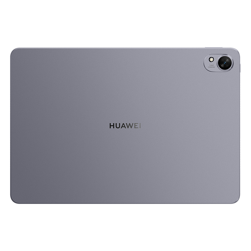 Gri bir Huawei tabletin arkası gösteriliyor. Sağ üst köşede bir kamera ve ortada Huawei logosu var.