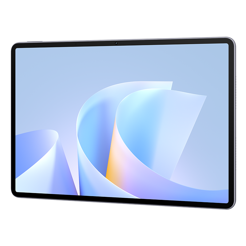 Mavi ve beyaz soyut bir tasarım sergileyen tablet. Tablet, ortasında kamerası olan siyah renktedir.