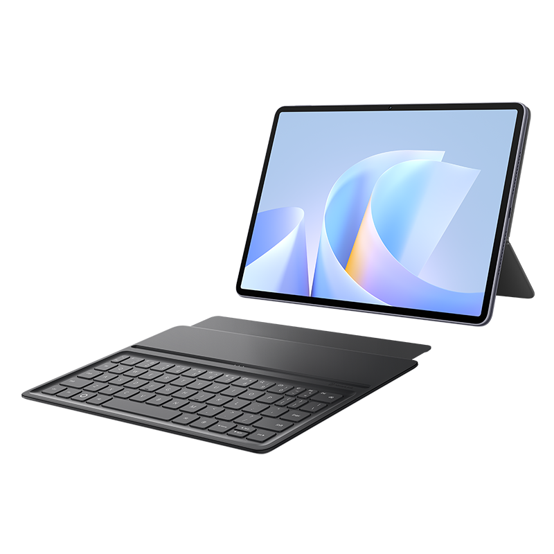 Klavyeli tablet. Tablet, mavi ve beyaz soyut bir tasarım gösteriyor. Klavye siyahtır.