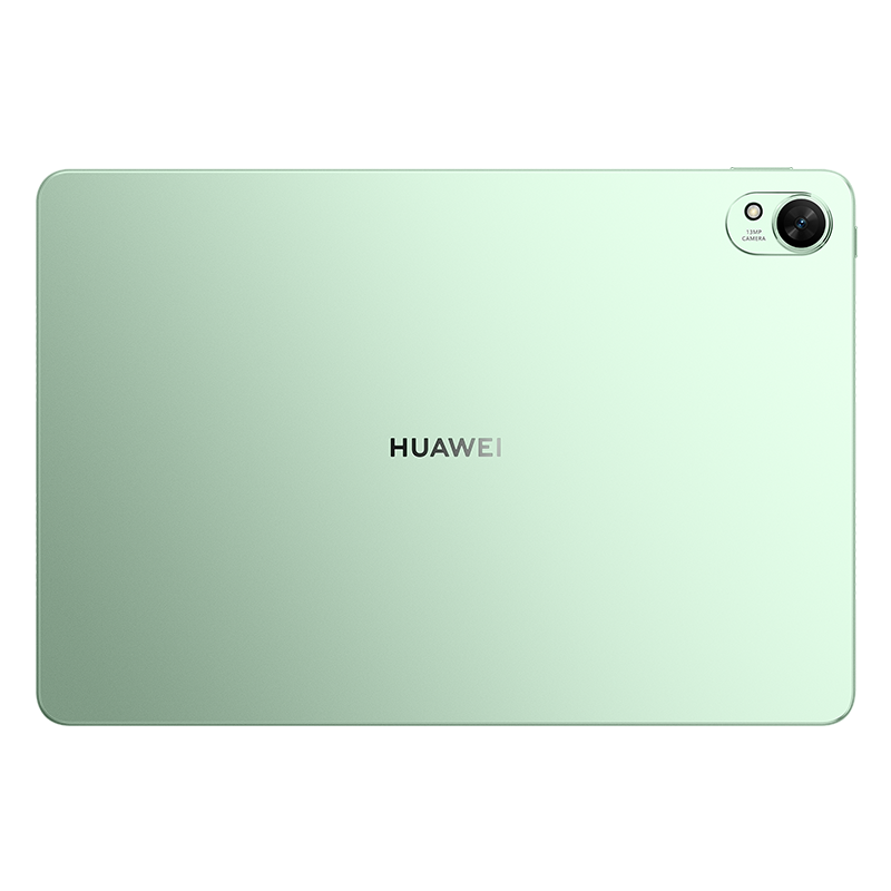 Açık yeşil bir Huawei tableti. Tabletin sağ üst köşesinde bir kamera var. 'HUAWEI' marka adı tabletin ortasında yer alıyor.