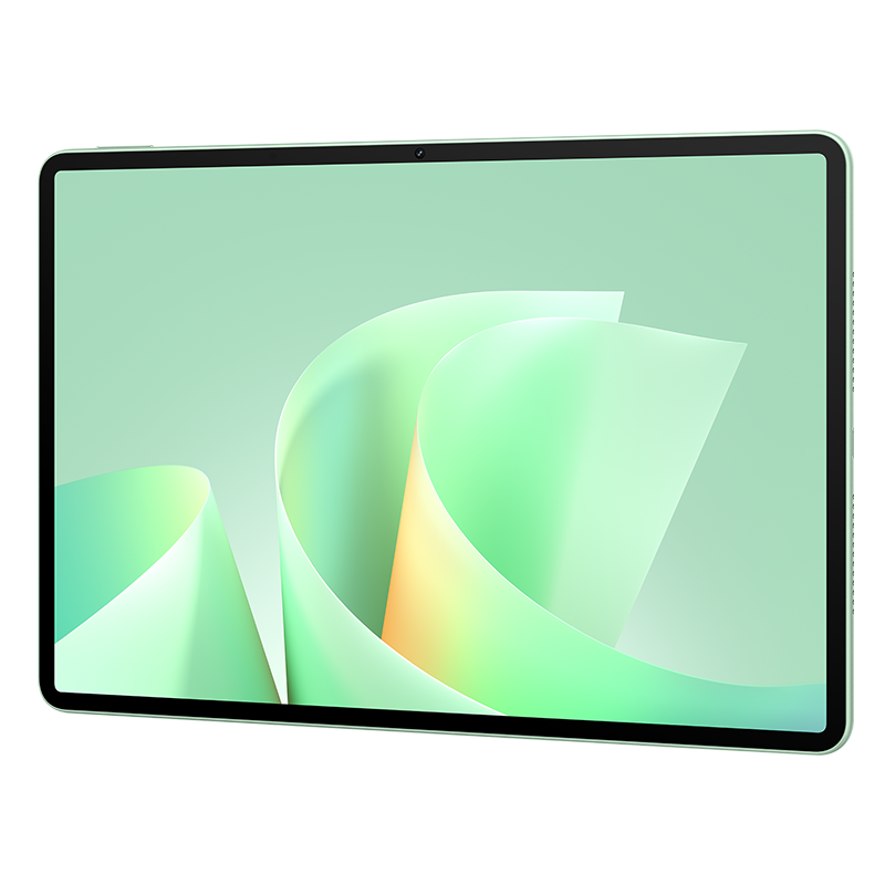 Açık yeşil ekranda yeşil ve sarı soyut kıvrımların gösterildiği bir tablet. Tabletin siyah çerçevesi ve ön kamerası var.
