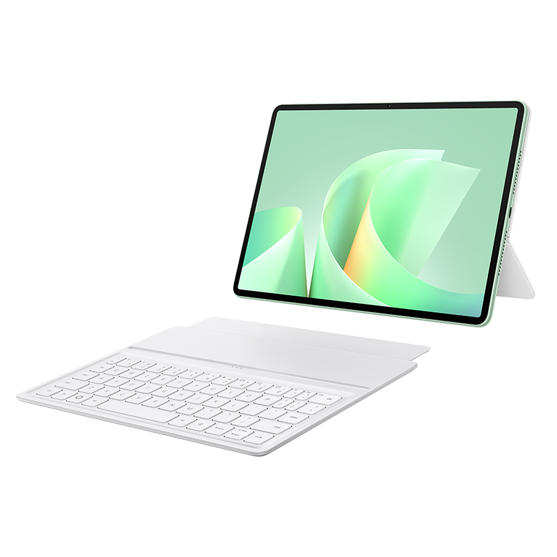 Yeşil ekranlı ve beyaz klavyeli tablet. Ekran, yeşil ve beyaz soyut şekiller gösteriyor. Klavye tabletin önünde duruyor.