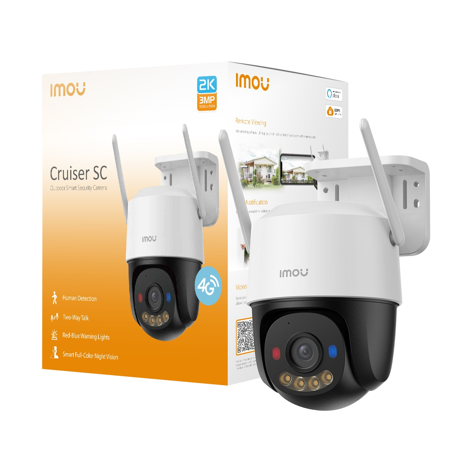Telecamera di sicurezza Imou Cruiser SC, bianca e nera, con antenne. La confezione mostra funzionalità come il rilevamento umano e la visione notturna.