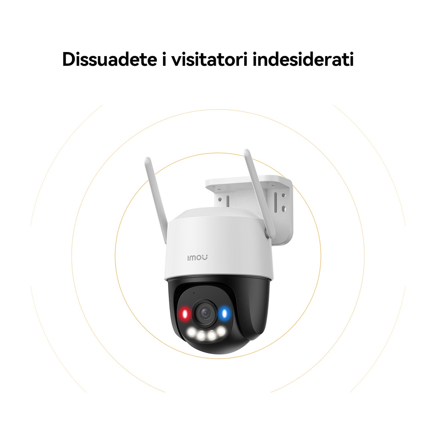 Una telecamera di sicurezza bianca e nera con due antenne. Ha luci rosse e blu. Il testo recita 'Dissuadete i visitatori indesiderati'.