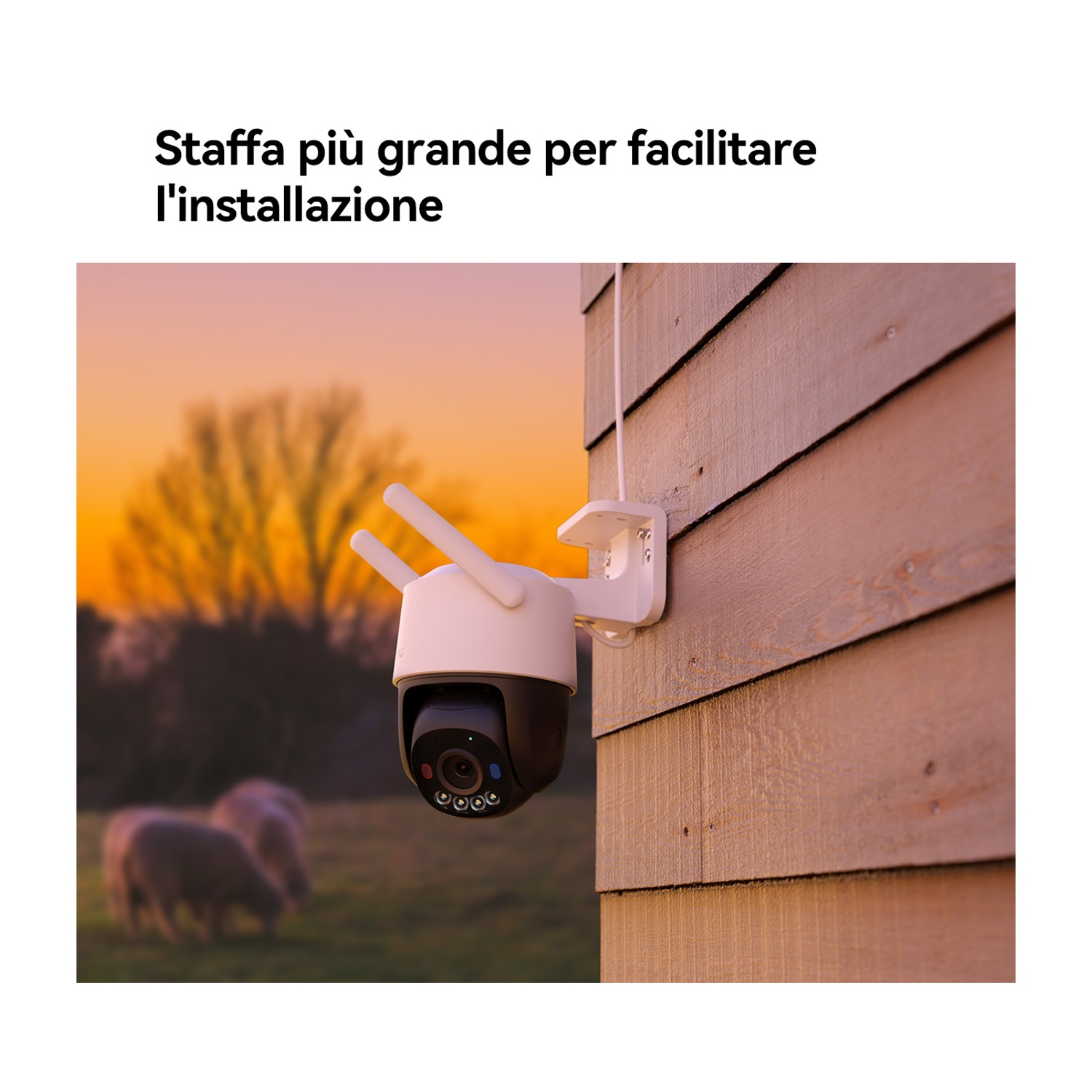Una telecamera di sicurezza è montata su un muro di legno. Lo sfondo mostra pecore al pascolo al tramonto.