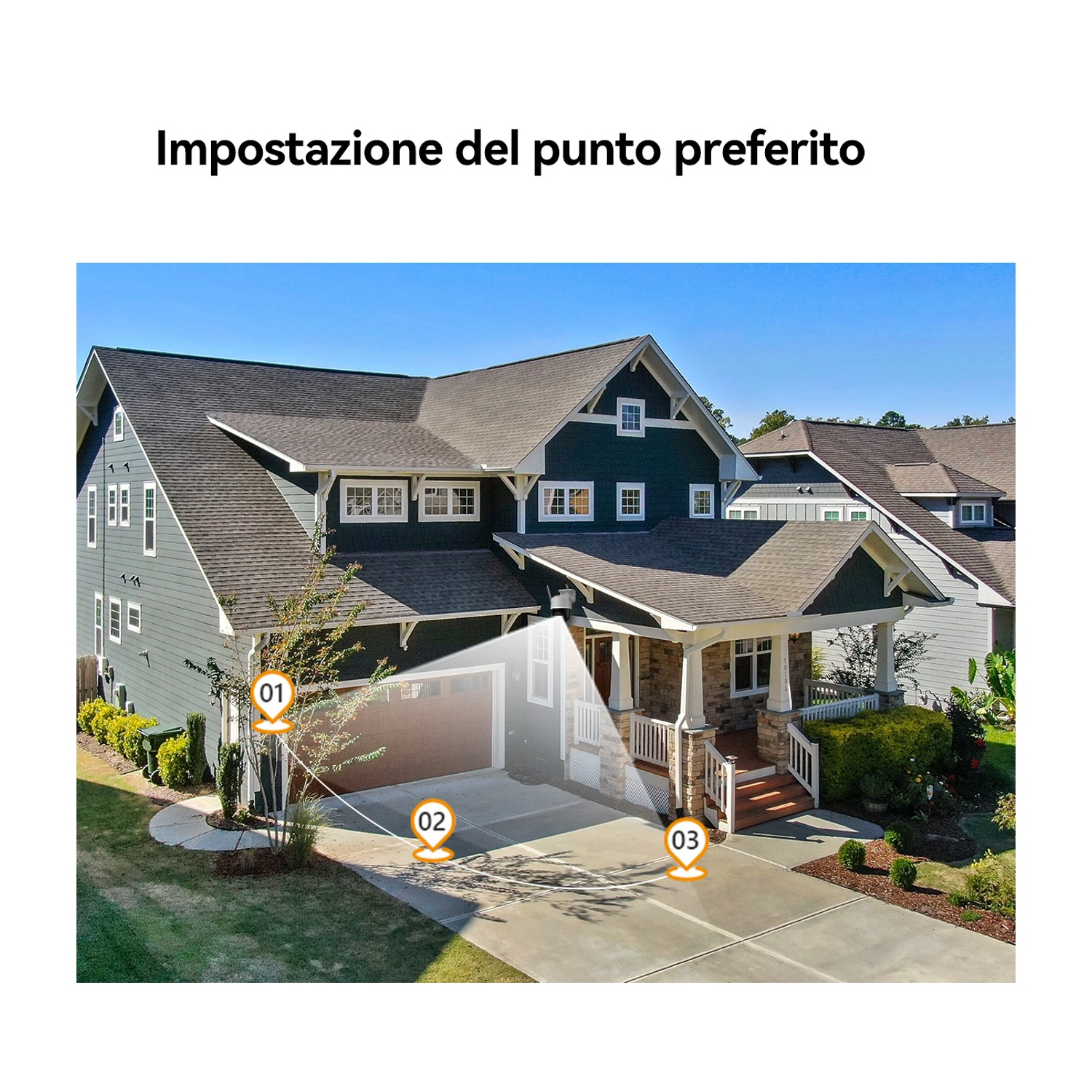 Una casa con garage e portico, con vialetto antistante. La casa è a due piani con tetto grigio scuro.