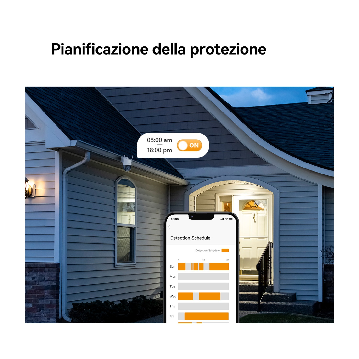 Esterno casa al crepuscolo con dettagli di sicurezza su schermo del telefono. Mostra un programma di rilevamento.