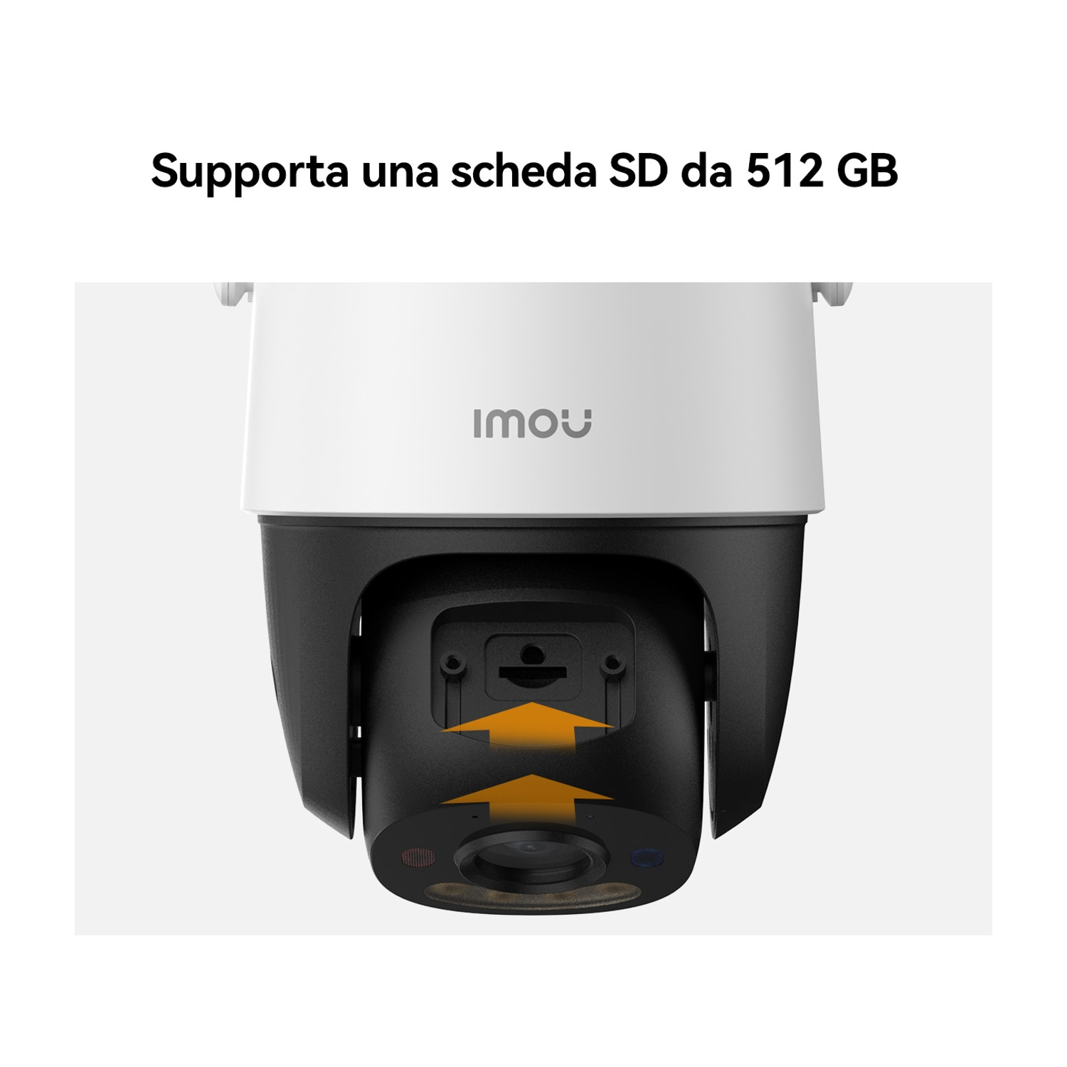 Una telecamera di sicurezza con parte superiore bianca e inferiore nera, il marchio è visibile. Il testo in alto dice che supporta una scheda SD da 512 GB.