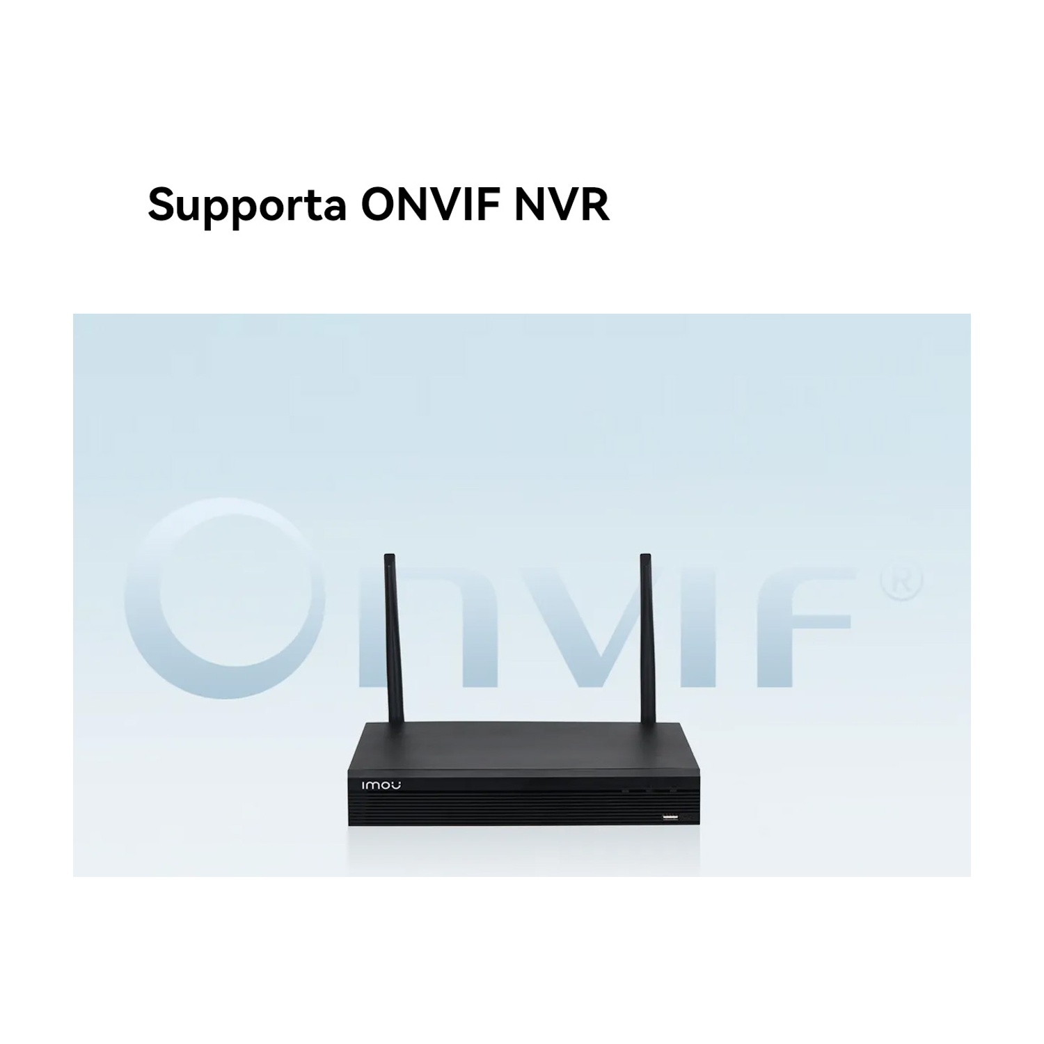 Un dispositivo NVR nero con due antenne, il logo IMOU e il logo ONVIF sullo sfondo, su uno sfondo azzurro.