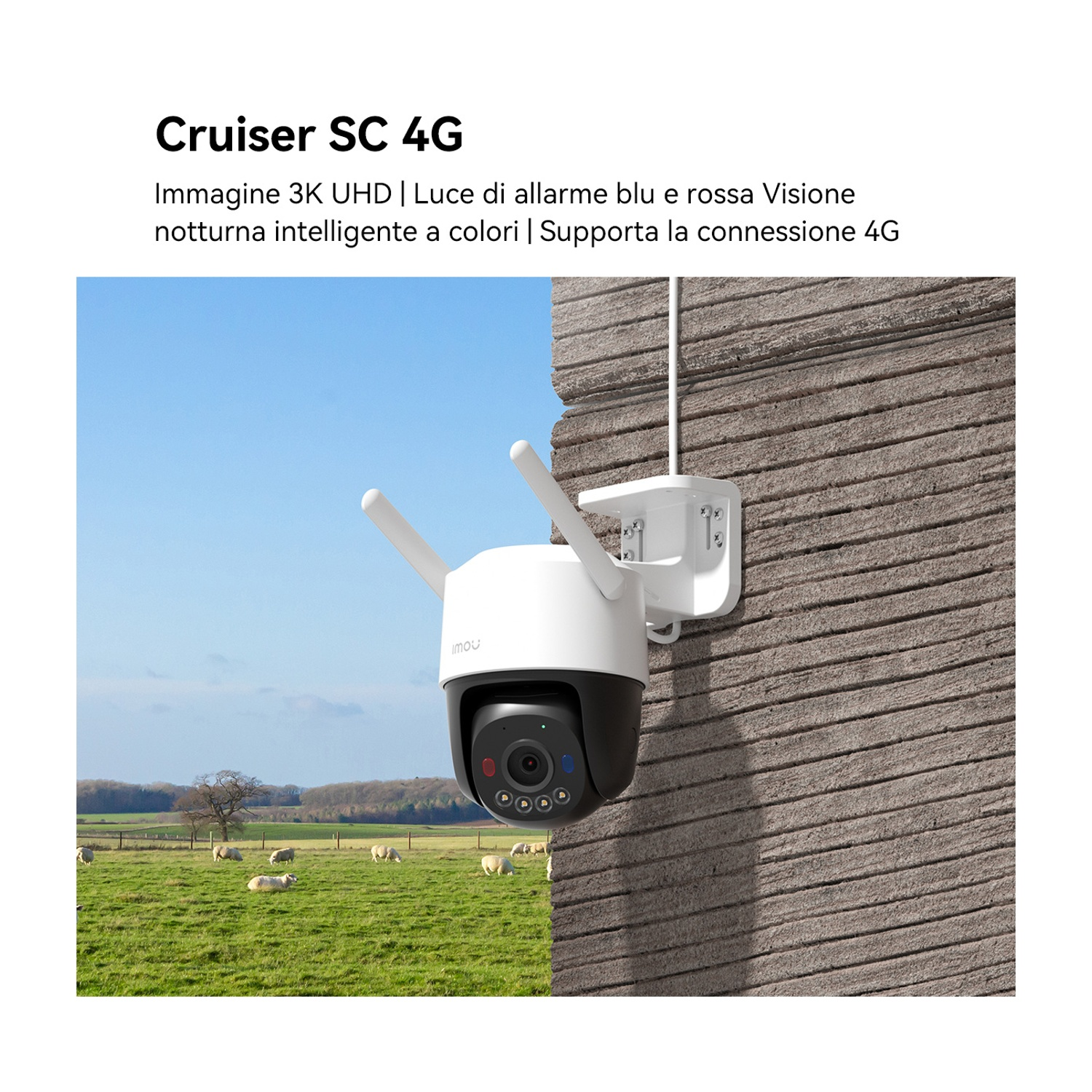 Una telecamera di sicurezza è montata su un muro strutturato. La scena mostra un campo verde con pecore, alberi e cielo blu.