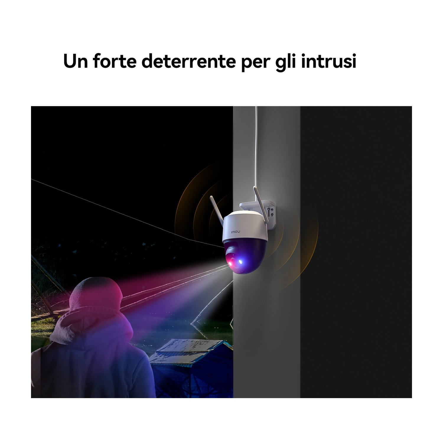 Una telecamera di sicurezza illumina una persona con una giacca con cappuccio. La telecamera è montata su un muro. È visibile una scena notturna scura.