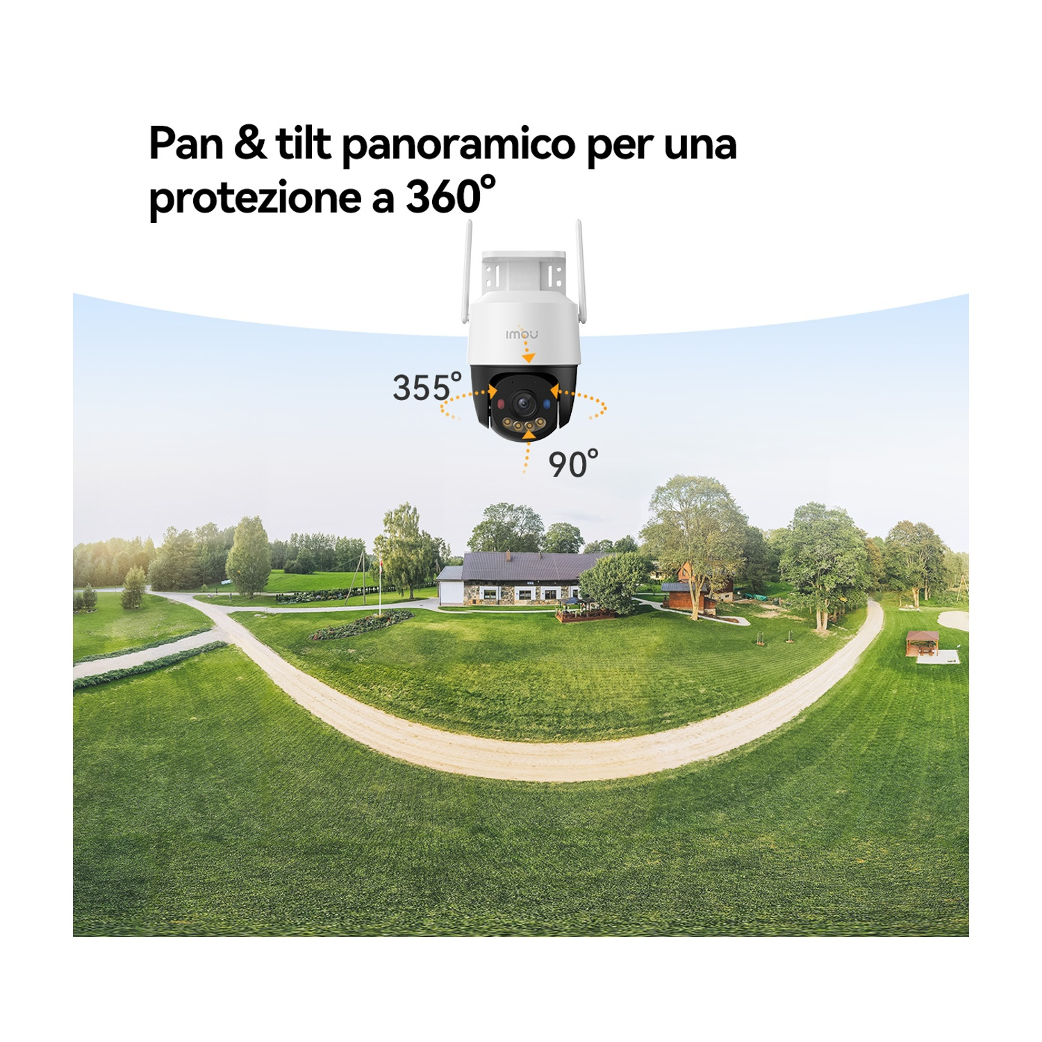 Una telecamera di sicurezza con protezione a 360° è mostrata sopra un campo verde con una casa e degli alberi. Il testo dice 'Pan & tilt'.