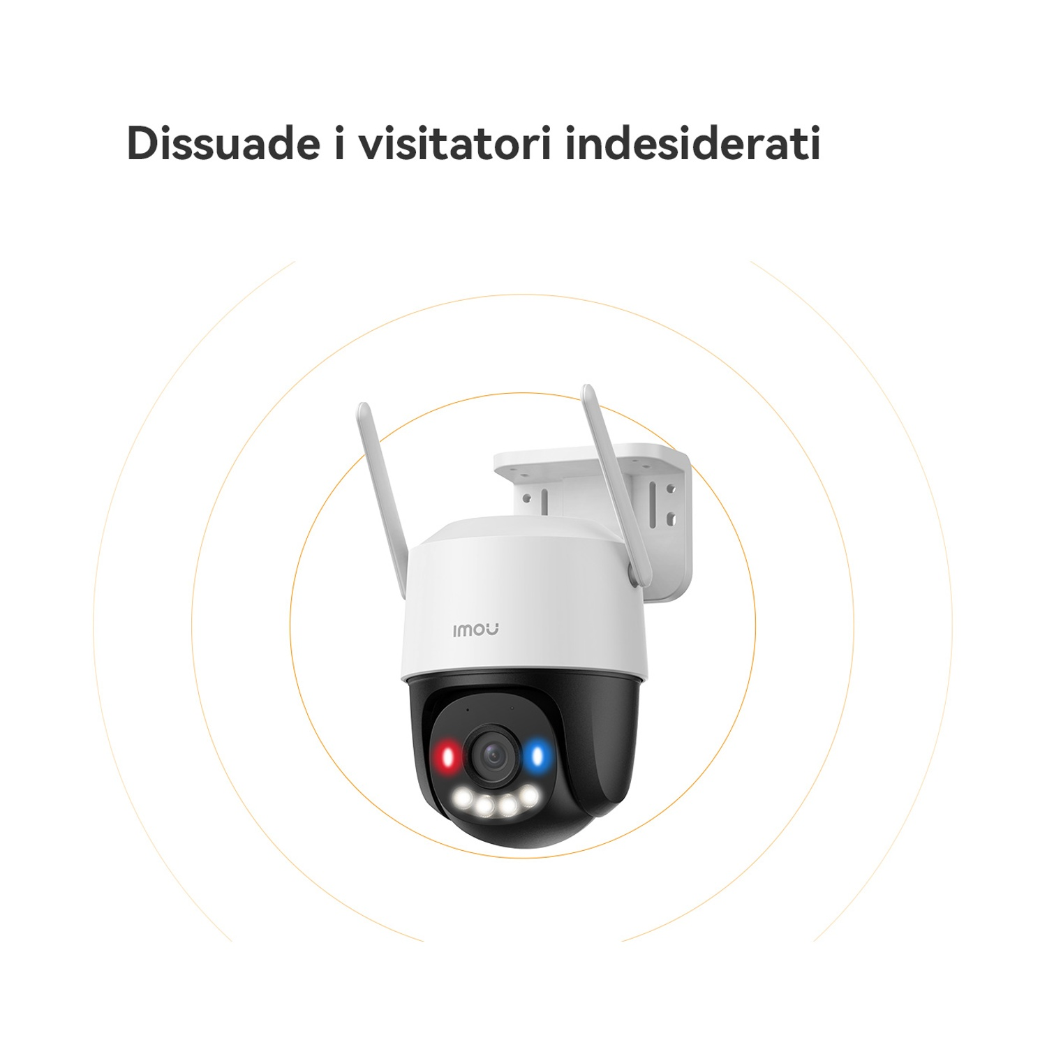 Una telecamera di sicurezza bianca e nera con due antenne. Ha luci rosse e blu. Il testo 'Dissuade i visitatori indesiderati' è sopra.