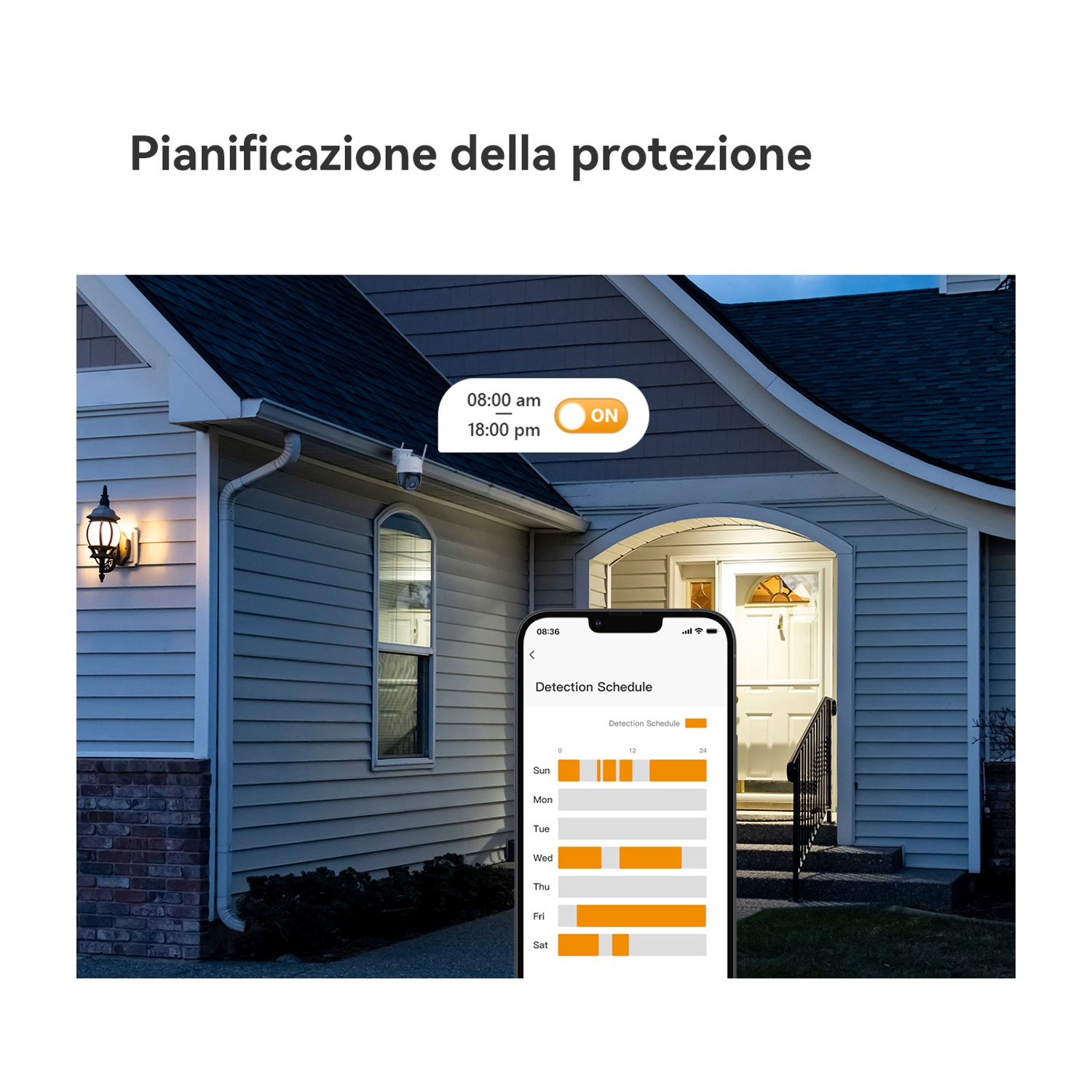 Una casa con telecamera di sicurezza e un telefono che mostra un programma. L'interruttore 'ON' è evidenziato. Il testo 'Pianificazione della protezione' è in alto.