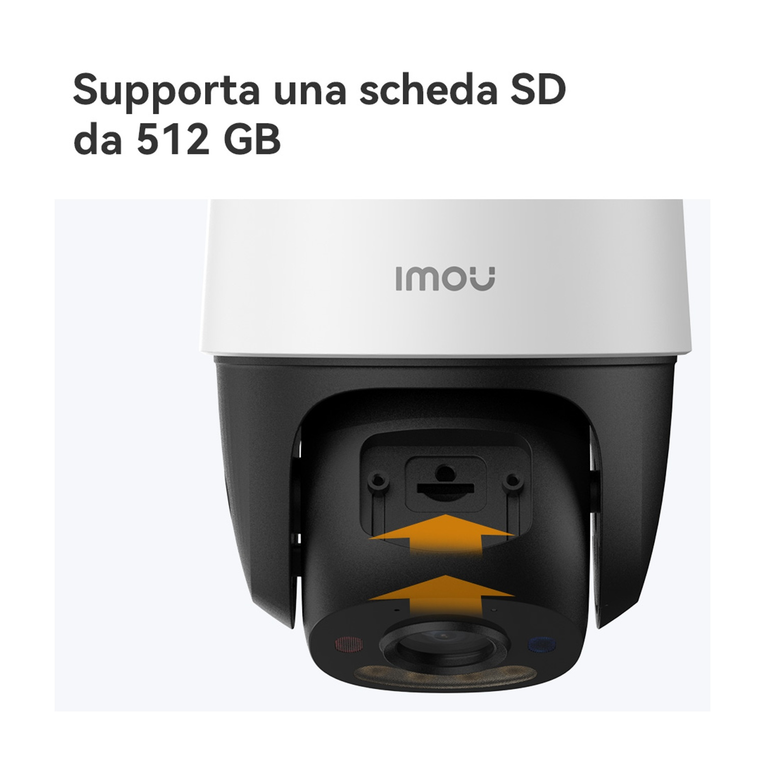 Una telecamera di sicurezza in bianco e nero con frecce rivolte verso l'alto. La telecamera ha il logo Imou. Il testo in alto dice supporto scheda SD da 512 GB.