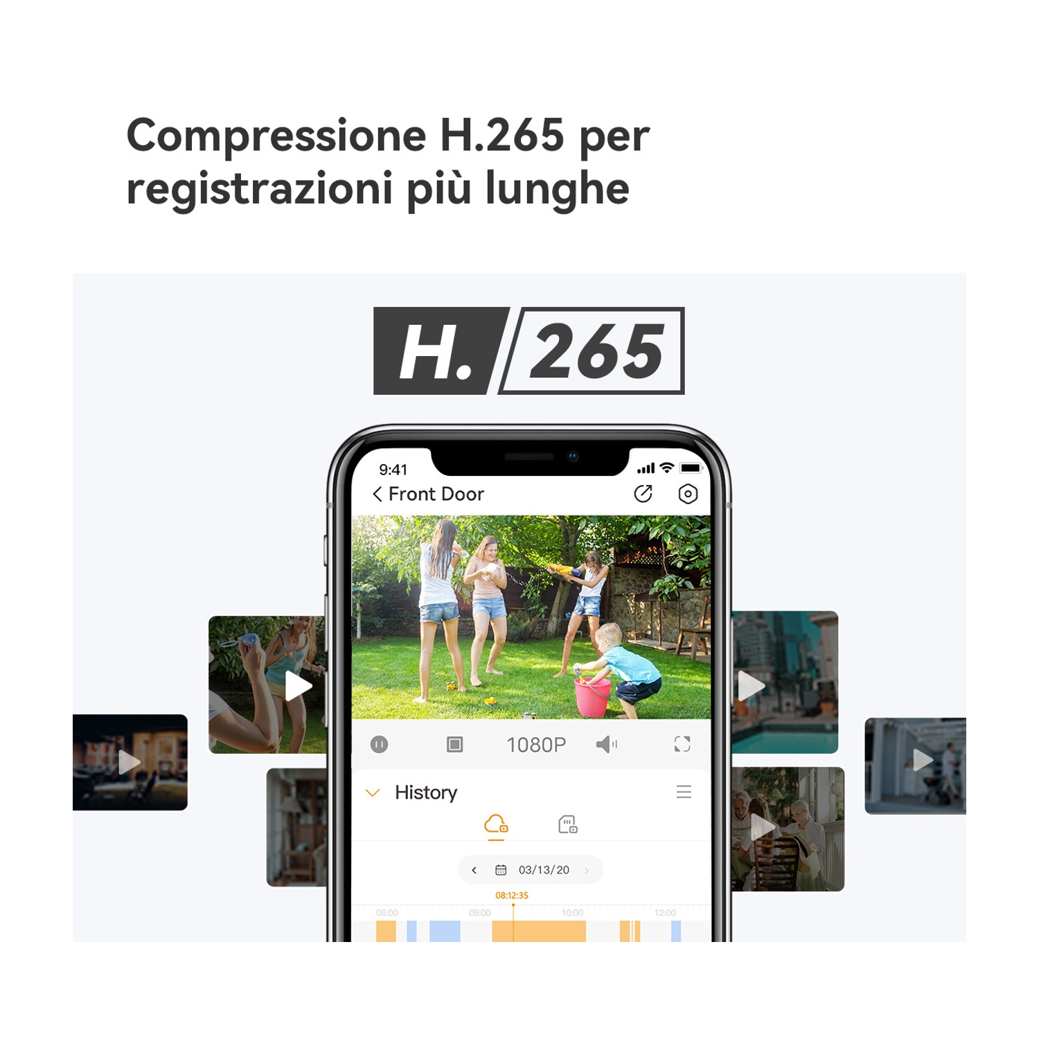Un telefono mostra un video di persone che giocano con pistole ad acqua. Il testo dice 'Compressione H.265' e 'registrazioni più lunghe'.