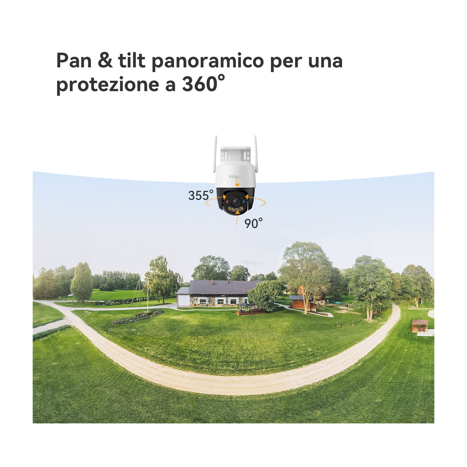 Una telecamera di sicurezza con vista a 360° mostra una casa in un campo verde. Mostra l'intervallo di rotazione della telecamera con indicazioni.