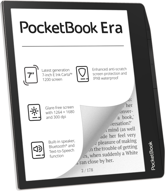 Egy e-olvasó a 'PocketBook Era' névvel. Olyan funkciókat jelenít meg, mint a 7 hüvelykes képernyő, vízállóság és beépített hangszóró.
